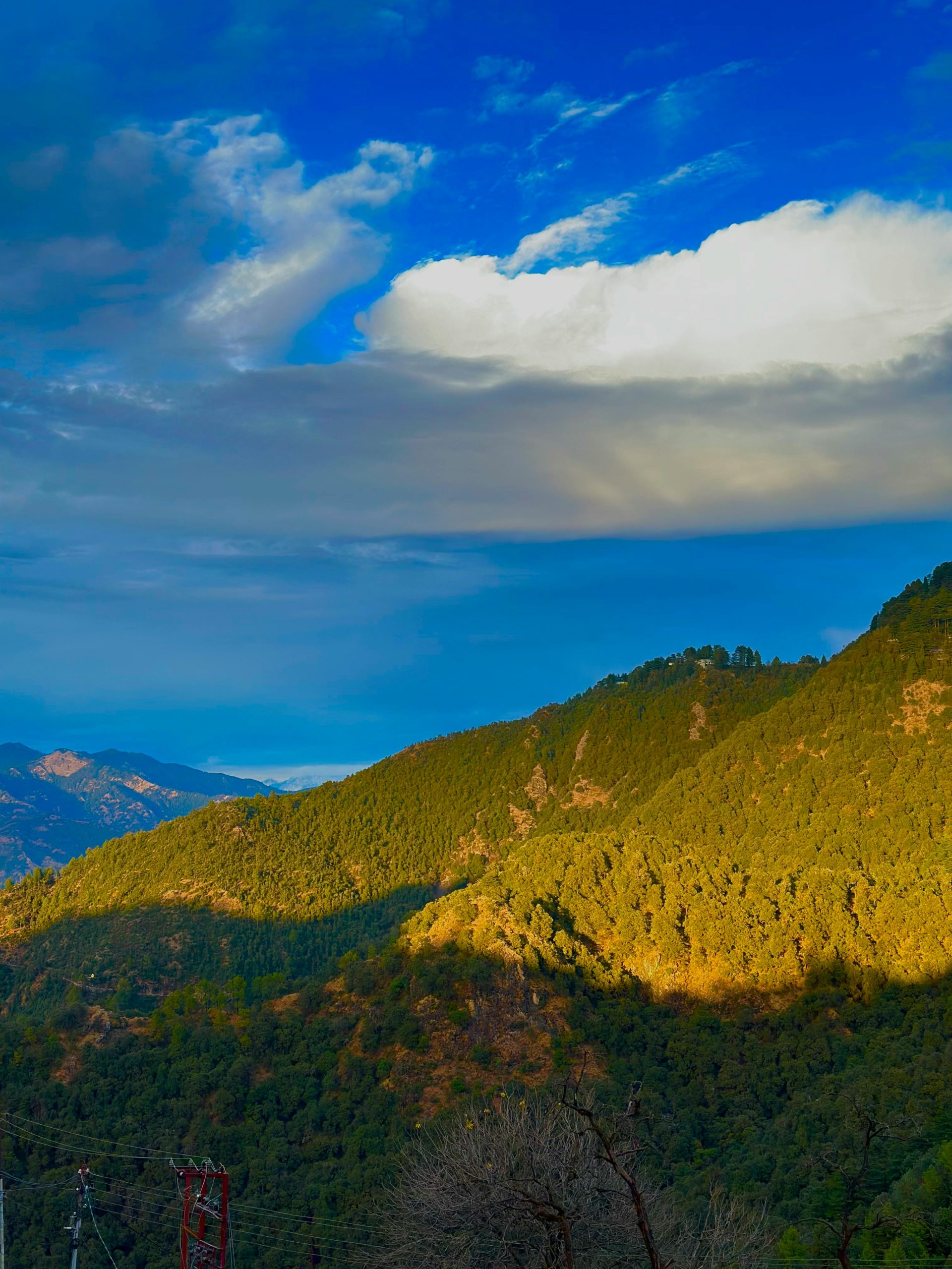 Breathtaking view of the lush green mountains under a bright blue sky in Mussoorie, India.