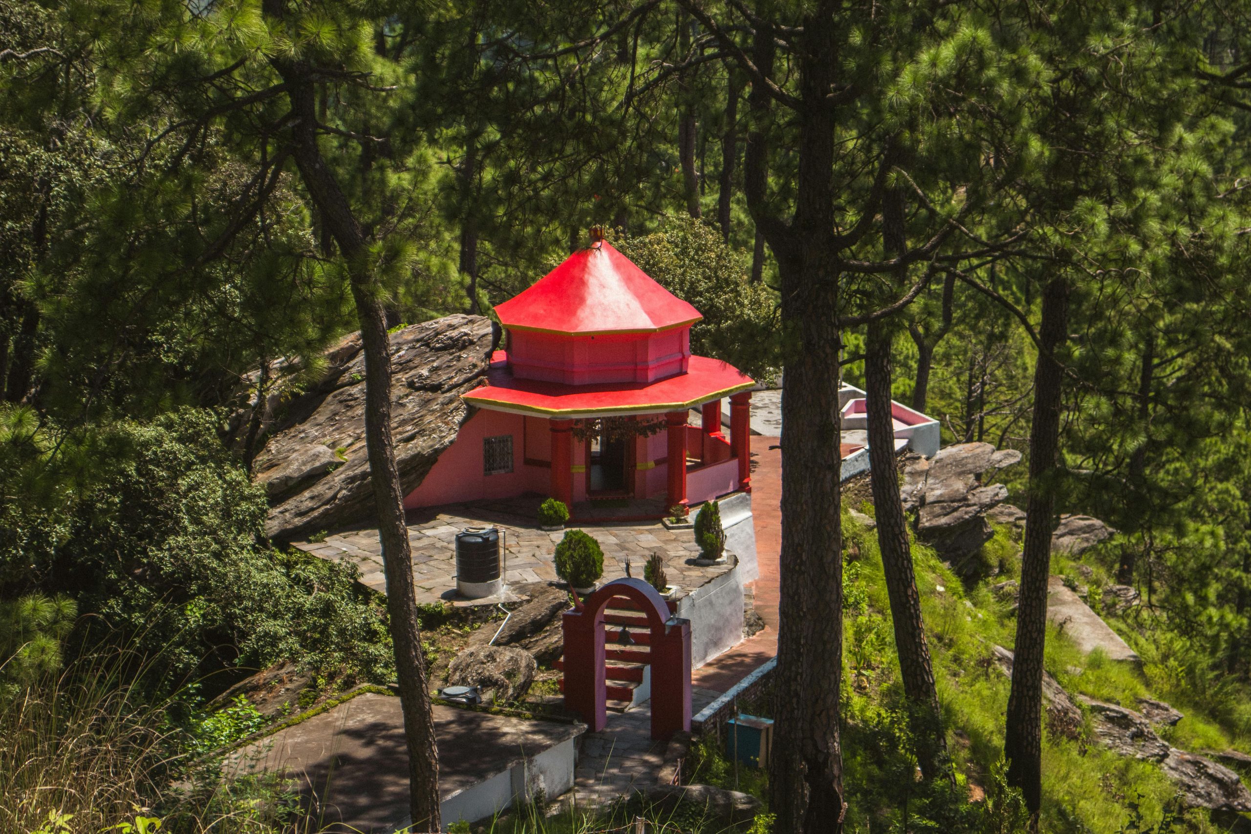 A charming red temple nestled among pine trees in Binsar, Uttarakhand, India, during a sunny day.